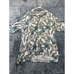 Caribbean Mens Button Down Shirt Large Green Short Sleeve Floral Hilo Bay